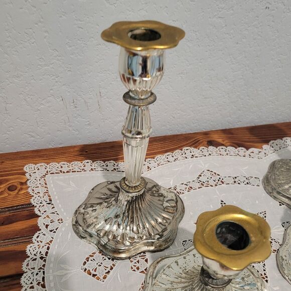 Vintage Candle Stick Set Of 4 Holders Silver Plated Made in England 2-tone - Picture 3 of 16